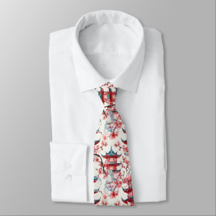 Watercolor Chinese Pagoda with Cherry Blossoms (8) Neck Tie
