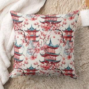 Watercolor Chinese Pagoda with Cherry Blossoms (8) Throw Pillow