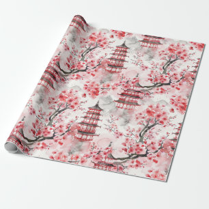 Watercolor Chinese Pagoda with Cherry Blossoms (9) Wrapping Paper