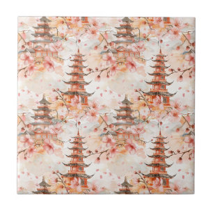 Watercolor Chinese Pagoda with Cherry Blossoms Ceramic Tile