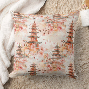 Watercolor Chinese Pagoda with Cherry Blossoms Throw Pillow