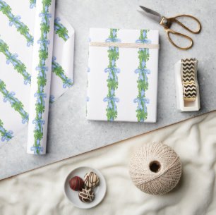 Watercolor Chinoiserie Blue Bow Garland Christmas Wrapping Paper