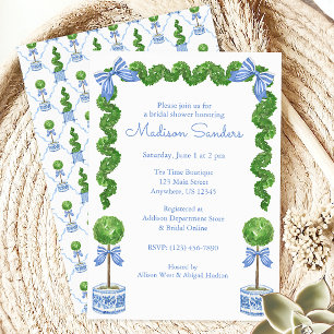 Watercolor Chinoiserie Blue Bow Topiary Invitation