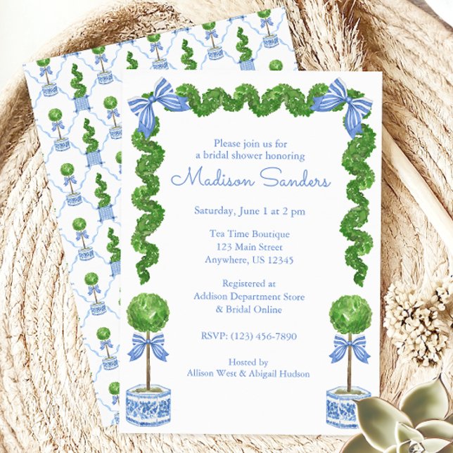 Watercolor Chinoiserie Blue Bow Topiary Invitation (Creator Uploaded)