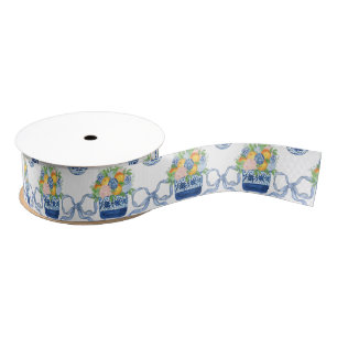 Watercolor Chinoiserie Blue Bows & Mandarins Grosgrain Ribbon
