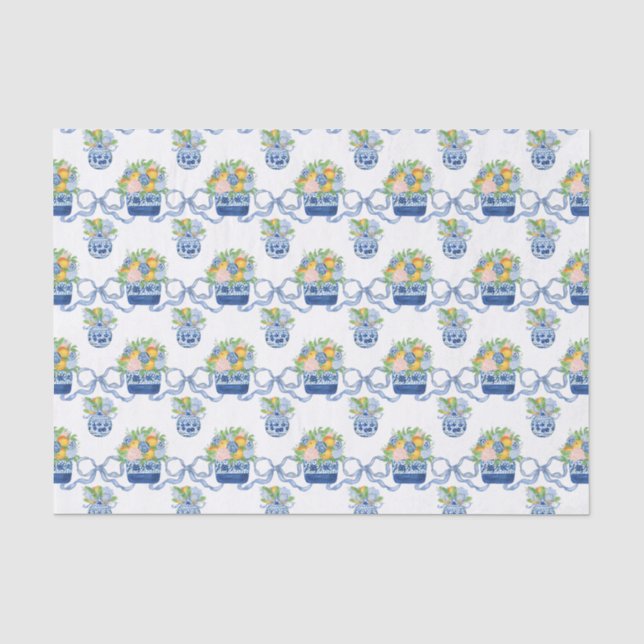 Watercolor Chinoiserie Blue Bows & Mandarins Tissue Paper (Front)