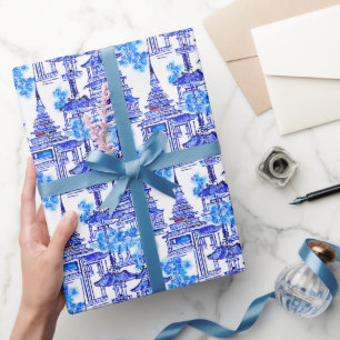 Watercolor Chinoiserie Blue Pagodas Wrapping Paper
