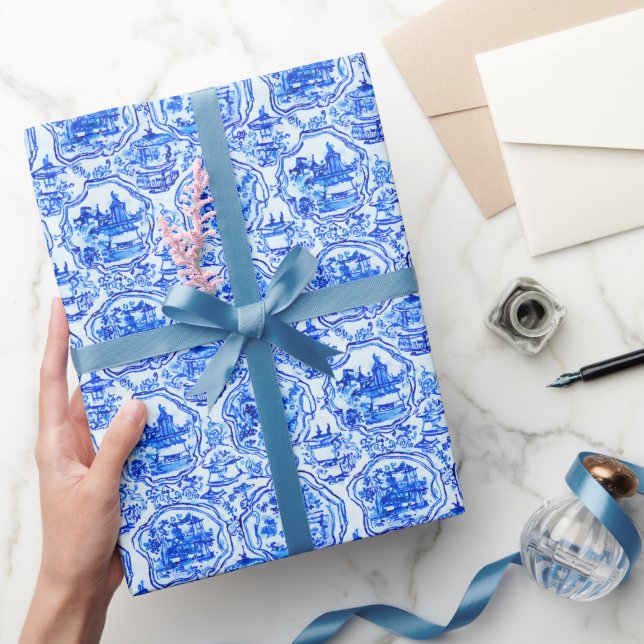 Watercolor Chinoiserie Blue Pagodas Wrapping Paper (Gifting)
