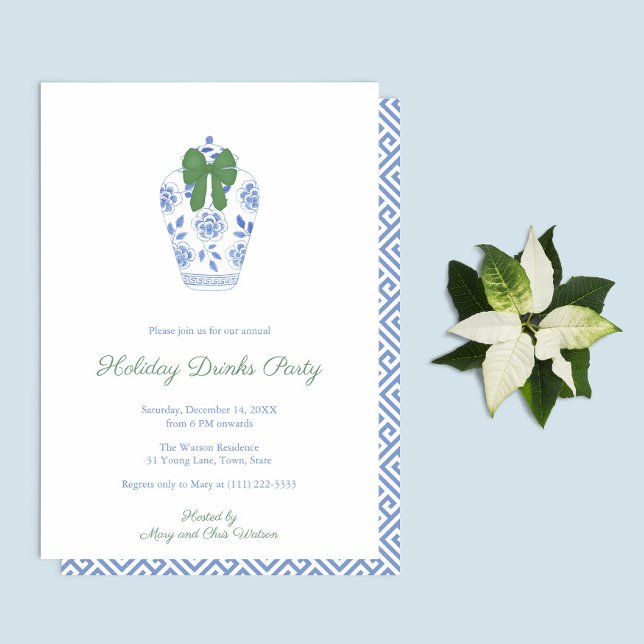 Watercolor Chinoiserie Chic Smart Christmas Party Invitation (Blue And White Ginger Jar With Green bow hand painted watercolor holidays party invitation)
