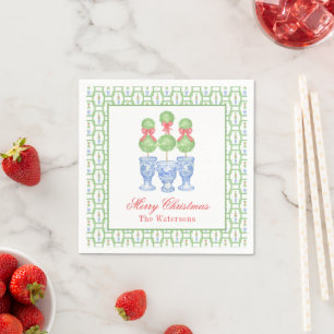 Watercolor Chinoiserie Christmas Bow Topiary Gift Napkins