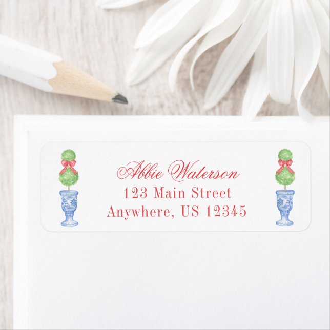 Watercolor Chinoiserie Christmas Bow Topiary Label (Insitu)