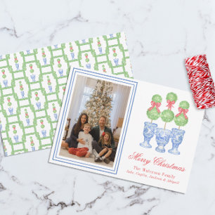 Watercolor Chinoiserie Christmas Bow Topiary Photo Holiday Card