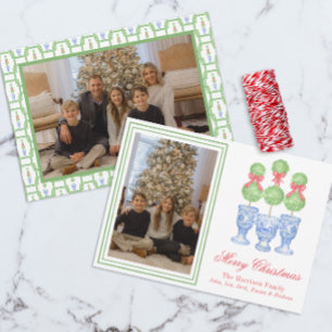 Watercolor Chinoiserie Christmas Bow Topiary Photo Holiday Card