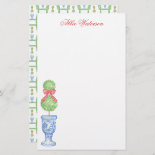 Watercolor Chinoiserie Christmas Bow Topiary Stationery