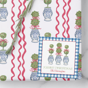 Watercolor Chinoiserie Christmas Red Bow Topiary Note Card