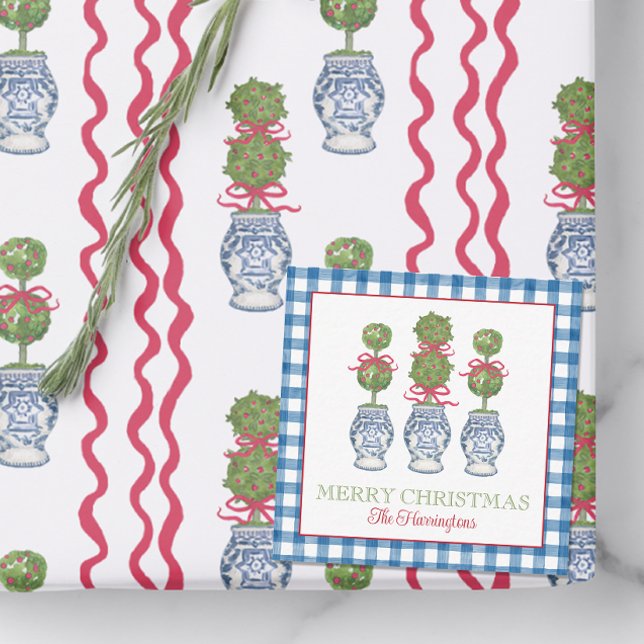 Watercolor Chinoiserie Christmas Red Bow Topiary Note Card (Creator Uploaded)