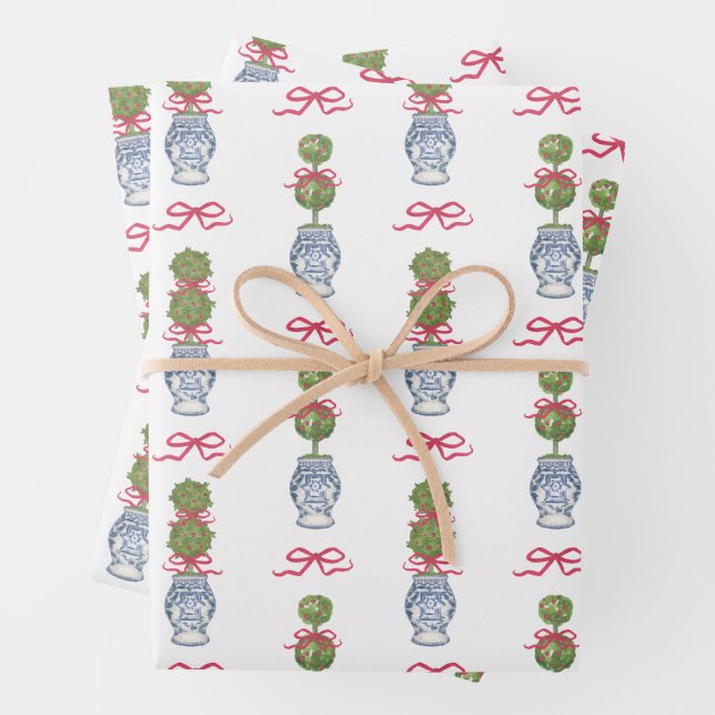 Watercolor Chinoiserie Christmas Red Bow Topiary Wrapping Paper Sheets (In situ)