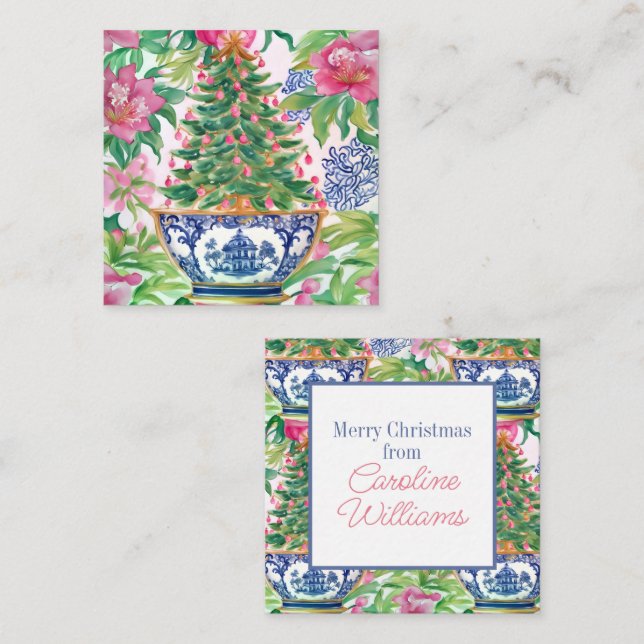 Watercolor Chinoiserie Christmas Tree Enclosure Note Card (Front/Back)