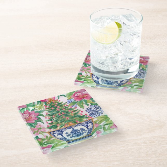 Watercolor Chinoiserie Christmas Tree Glass Coaster (Angled)