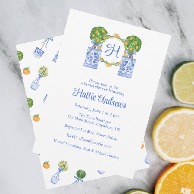 Watercolor Chinoiserie Citrus Topiary Monogram Invitation (Creator Uploaded)