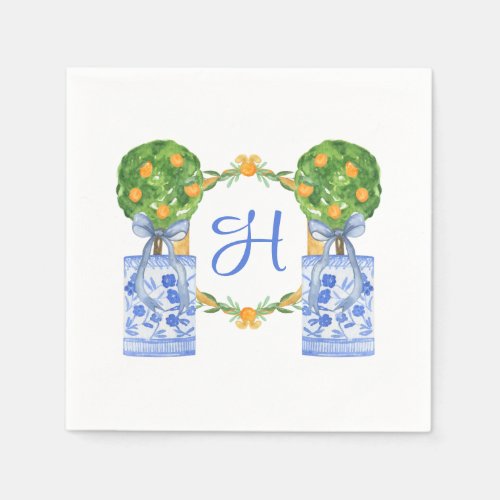 Watercolor Chinoiserie Citrus Topiary Monogram Napkins