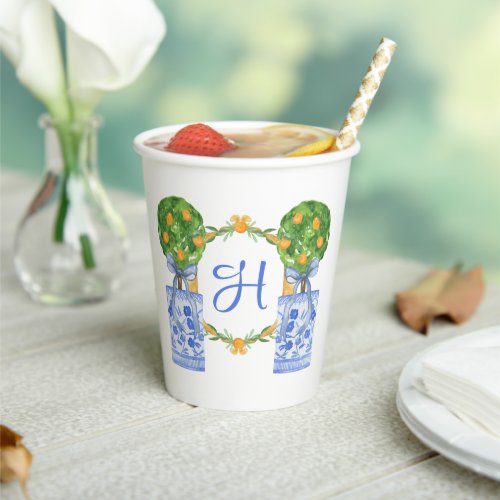 Watercolor Chinoiserie Citrus Topiary Monogram Paper Cups