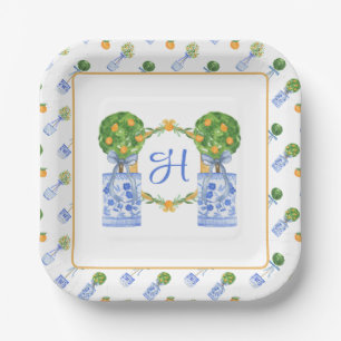 Watercolor Chinoiserie Citrus Topiary Monogram Paper Plates