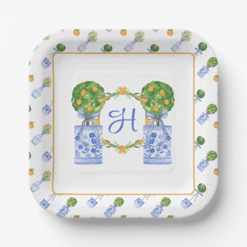 Watercolor Chinoiserie Citrus Topiary Monogram Paper Plates