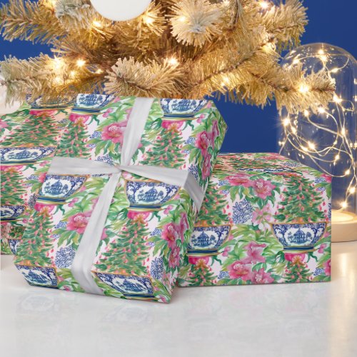 Watercolor Chinoiserie Ginger Jar Christmas Tree Wrapping Paper