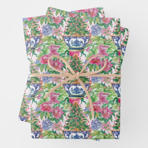 Watercolor Chinoiserie Ginger Jar Christmas Tree Wrapping Paper Sheets