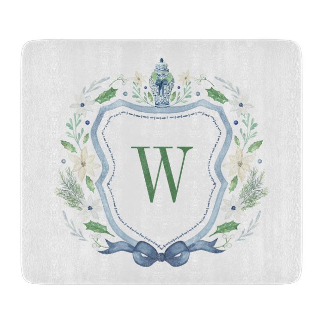 Watercolor Chinoiserie Ginger Jar Monogram Crest Cutting Board (Front)
