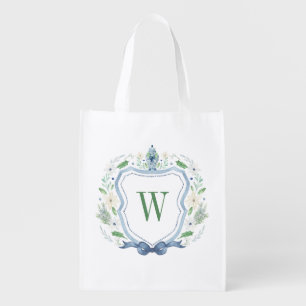 Watercolor Chinoiserie Ginger Jar Monogram Crest Grocery Bag