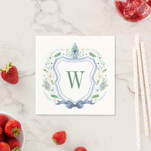 Watercolor Chinoiserie Ginger Jar Monogram Crest Napkins