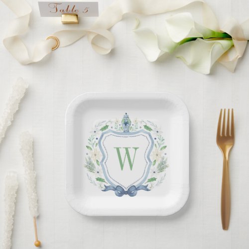 Watercolor Chinoiserie Ginger Jar Monogram Crest Paper Plates