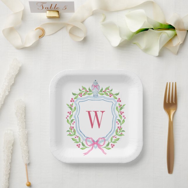 Watercolor Chinoiserie Ginger Jar Monogram Crest Paper Plates (Wedding)