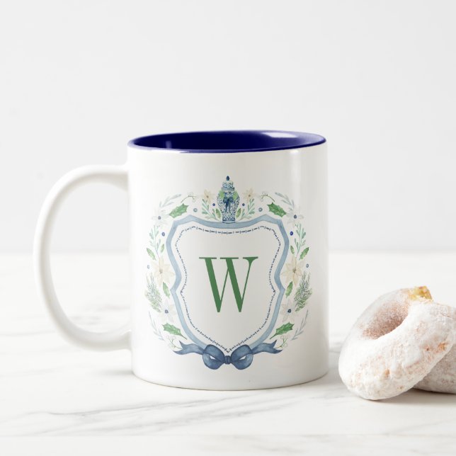 Watercolor Chinoiserie Ginger Jar Monogram Crest Two-Tone Coffee Mug (With Donut)