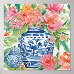 Watercolor Chinoiserie Ginger Jar of Flowers Poster