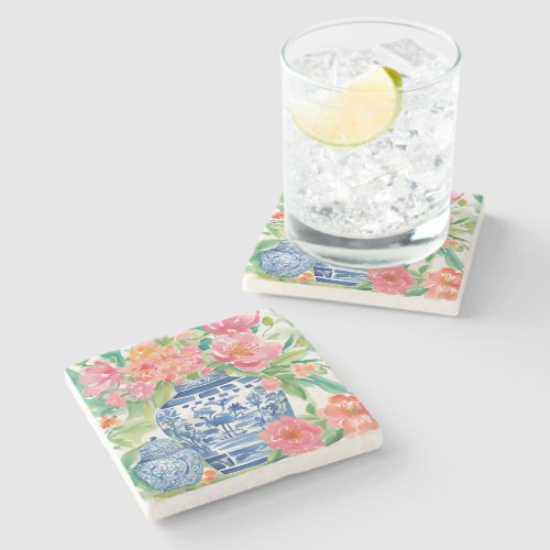 Watercolor Chinoiserie Ginger Jar of Flowers Stone Coaster
