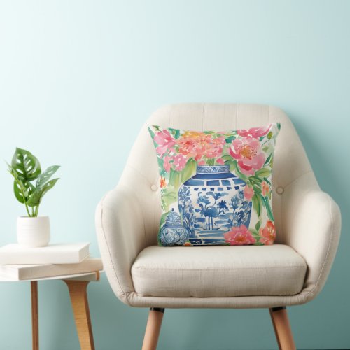 Watercolor Chinoiserie Ginger Jar of Flowers Throw Pillow
