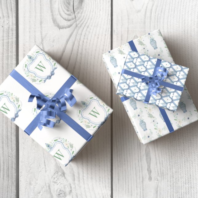 Watercolor Chinoiserie Ginger Jars Crest Wrapping Paper Sheets (Watercolor Chinoiserie Blue Ginger Jar Crest Wrapping Paper)