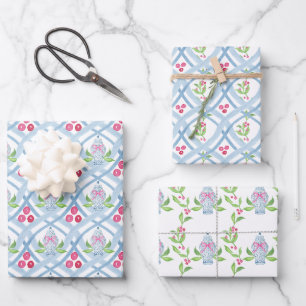 Watercolor Chinoiserie Ginger Jars & Holly Wrapping Paper Sheets