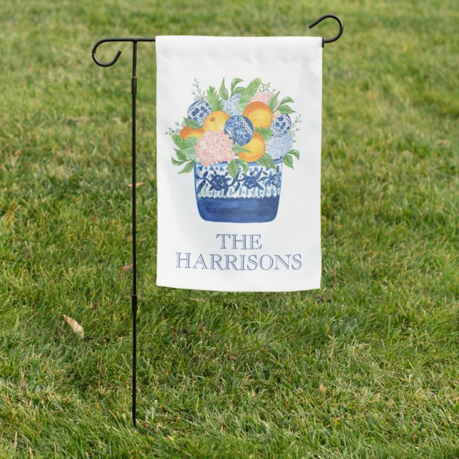Watercolor Chinoiserie Mandarins and Hydrangeas Garden Flag (In SItu)