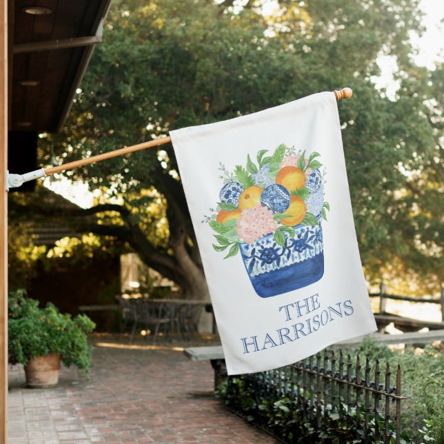 Watercolor Chinoiserie Mandarins and Hydrangeas House Flag (In SItu)