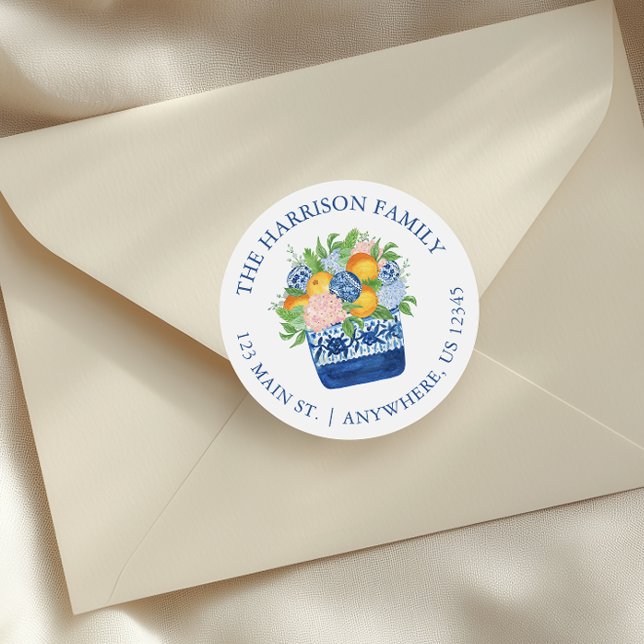 Watercolor Chinoiserie Mandarins Christmas Address Classic Round Sticker (Creator Uploaded)