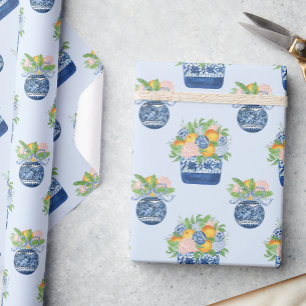 Watercolor Chinoiserie Mandarins & Hydrangeas Wrapping Paper