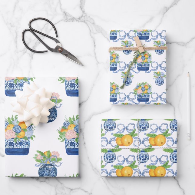 Watercolor Chinoiserie Mandarins & Hydrangeas Wrapping Paper Sheets (Front)
