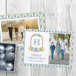 Watercolor Chinoiserie Mandarins Monogram Crest Holiday Card