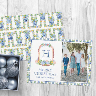 Watercolor Chinoiserie Mandarins Monogram Crest Holiday Card