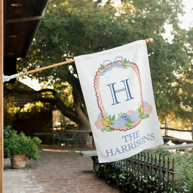 Watercolor Chinoiserie Mandarins Monogram Crest House Flag (In SItu)