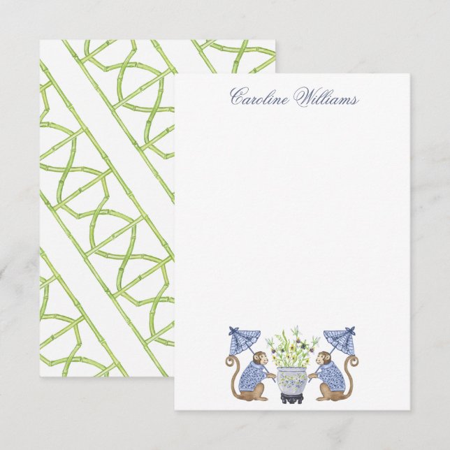 Watercolor Chinoiserie Monkeys Personalized Note Card (Front/Back)